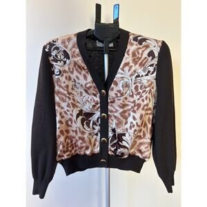 Vintage St. John Sport Petite Wool Blend Leopard Baroque Cardigan Brown